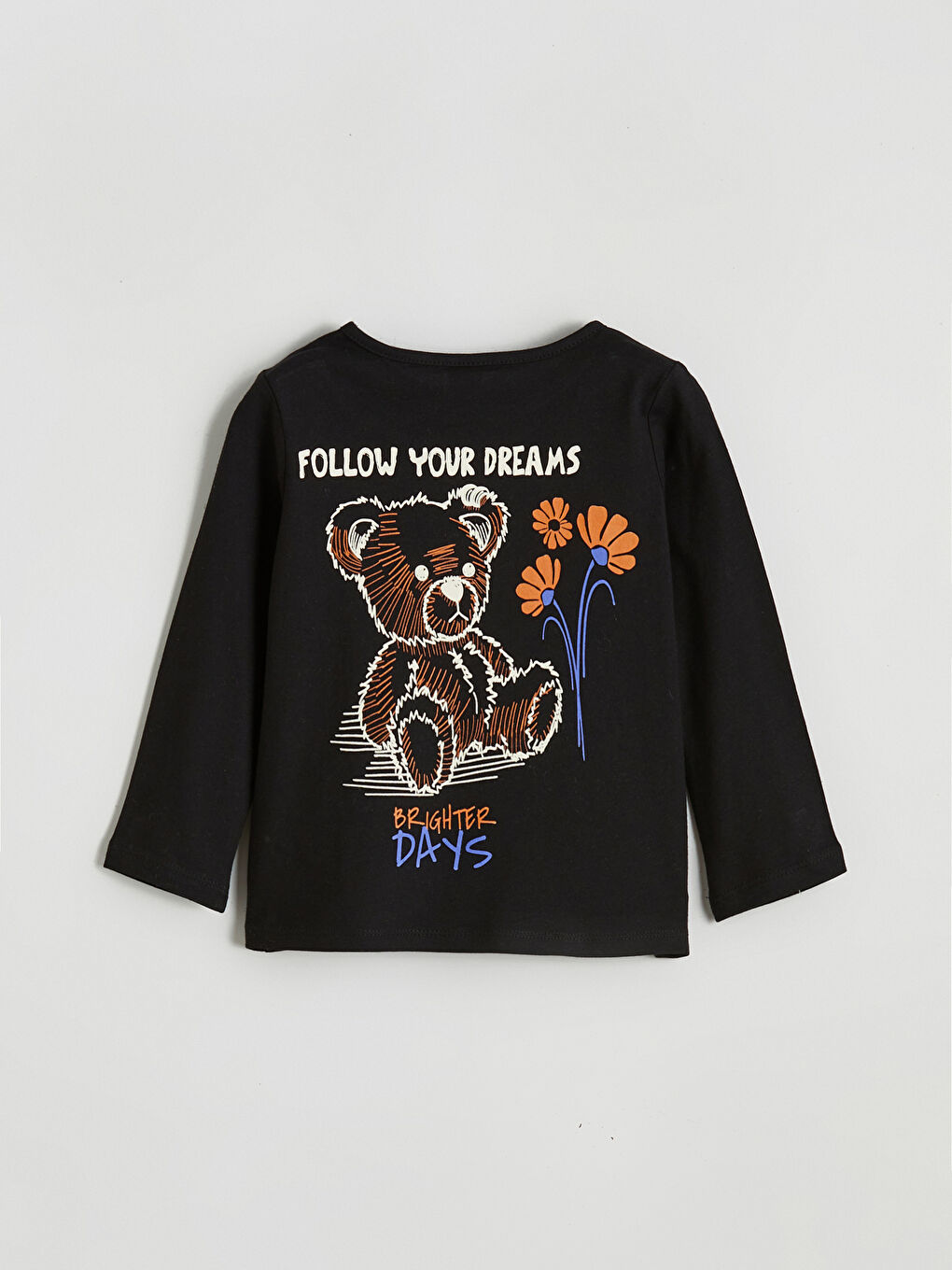 Siyah Çiçek Baskılı Kız Çocuk Uzun Kollu Tişört-3