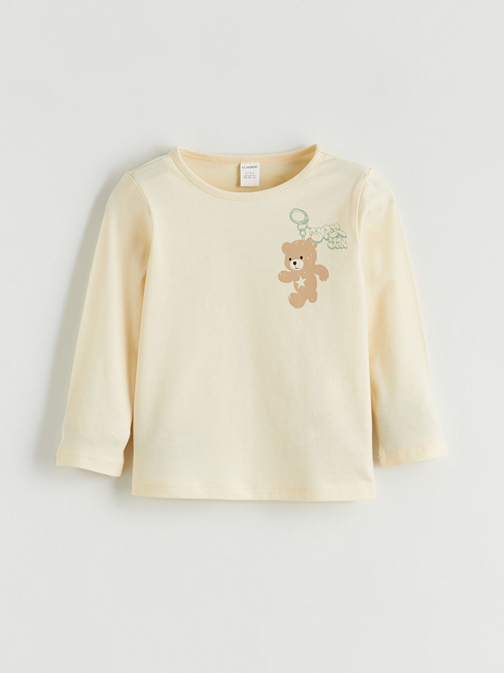 Bej Ayıcık Baskılı Kız Çocuk Uzun Kollu Tişört-1