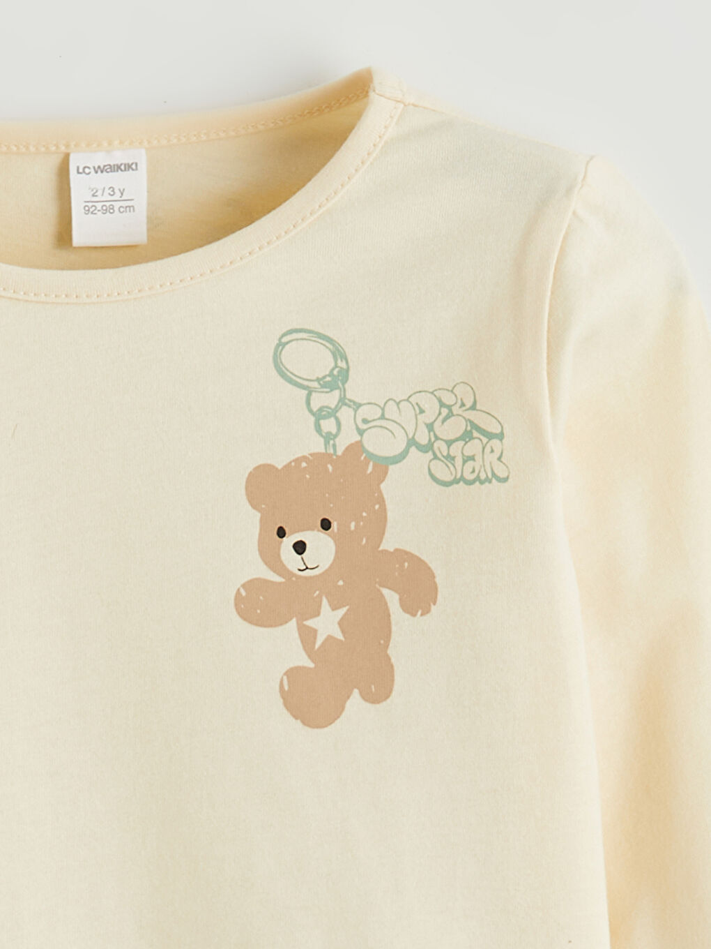 Bej Ayıcık Baskılı Kız Çocuk Uzun Kollu Tişört-2