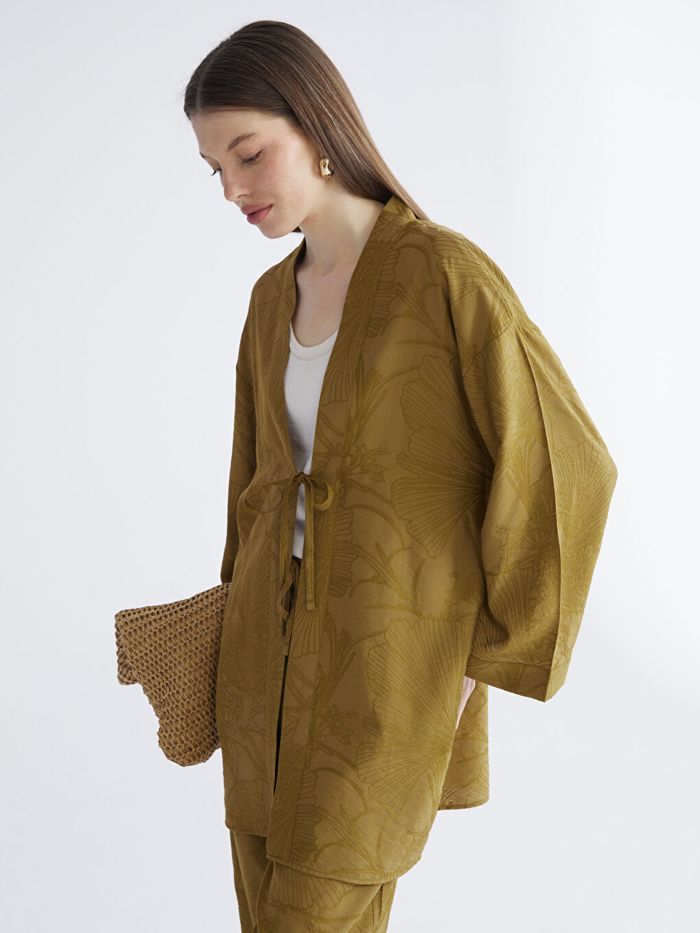 Haki V Yaka Desenli Oversize Kadın Kimono