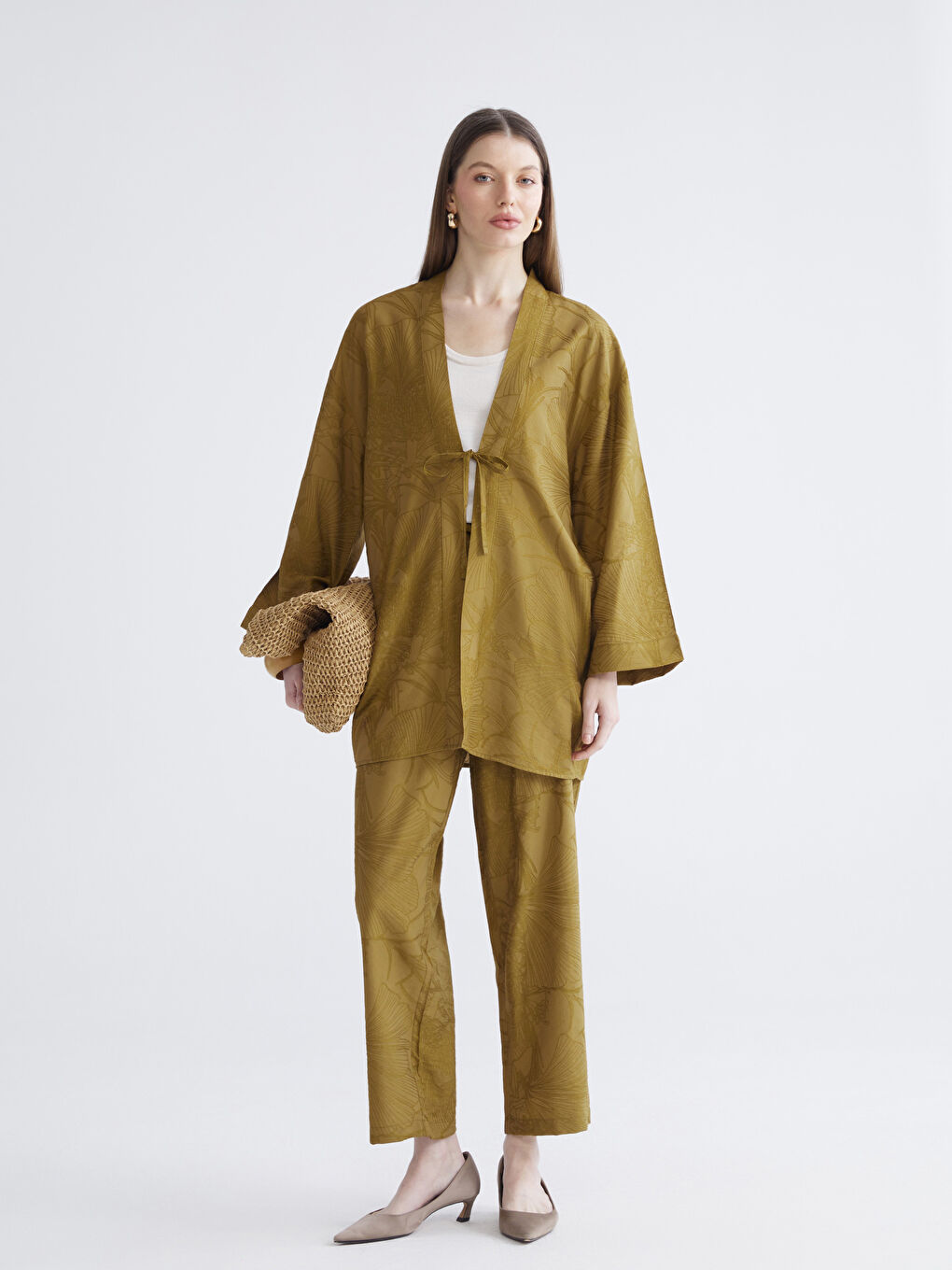 Haki V Yaka Desenli Oversize Kadın Kimono-1