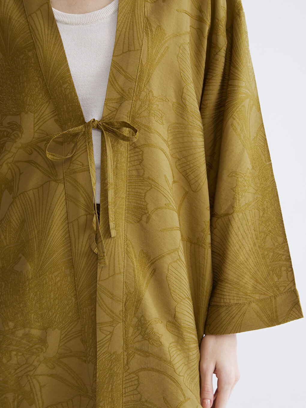 Haki V Yaka Desenli Oversize Kadın Kimono-2