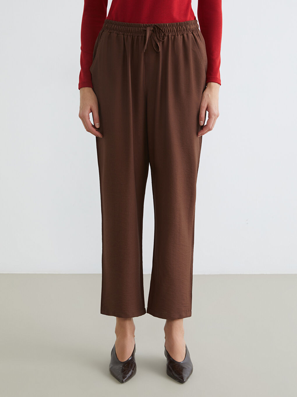Kahverengi Beli Lastikli Kadın Pantolon-1
