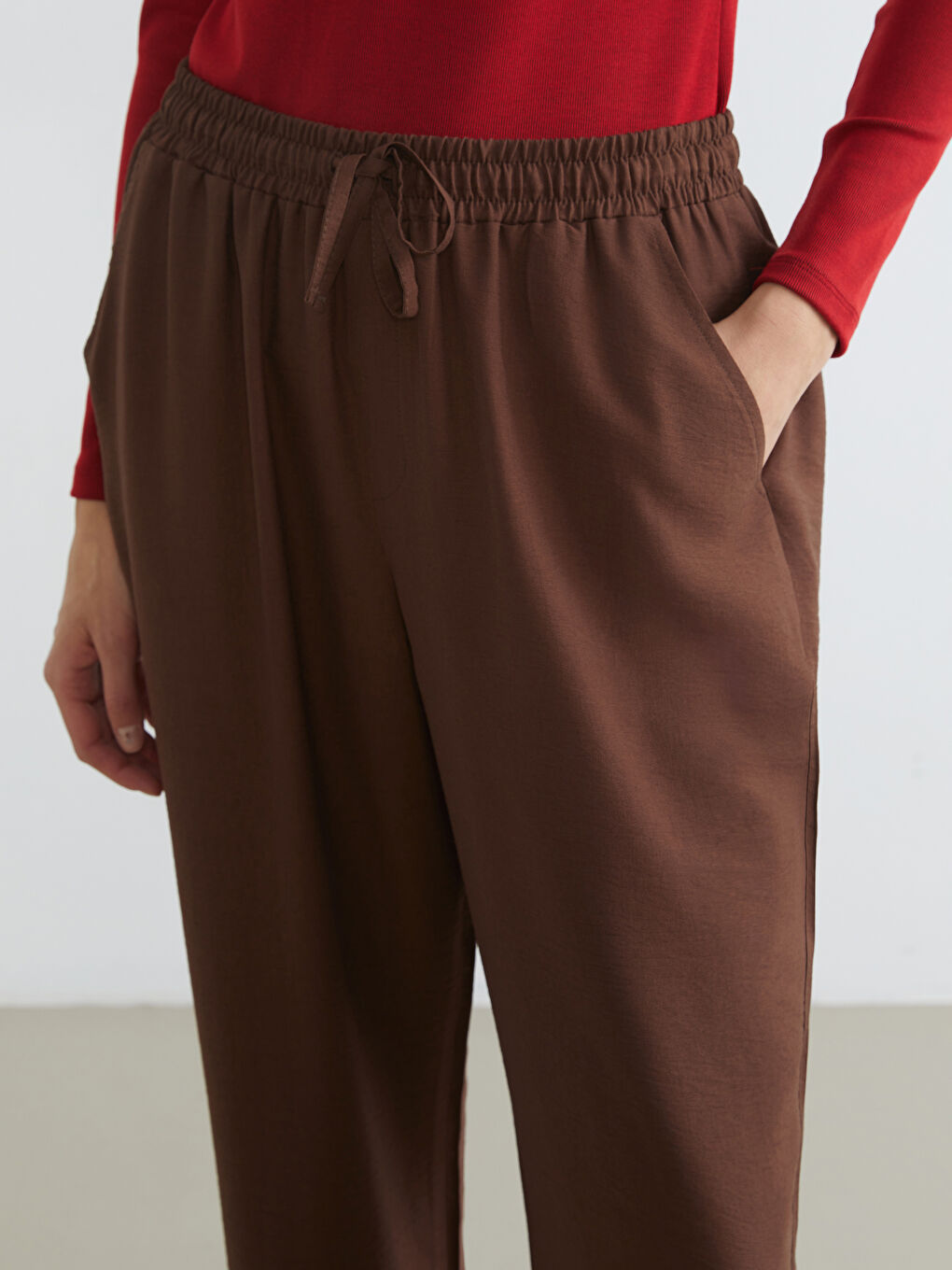 Kahverengi Beli Lastikli Kadın Pantolon-2