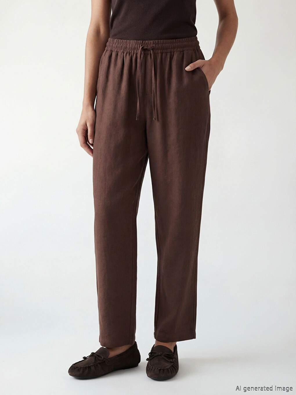 Kahverengi Beli Lastikli Kadın Pantolon-1