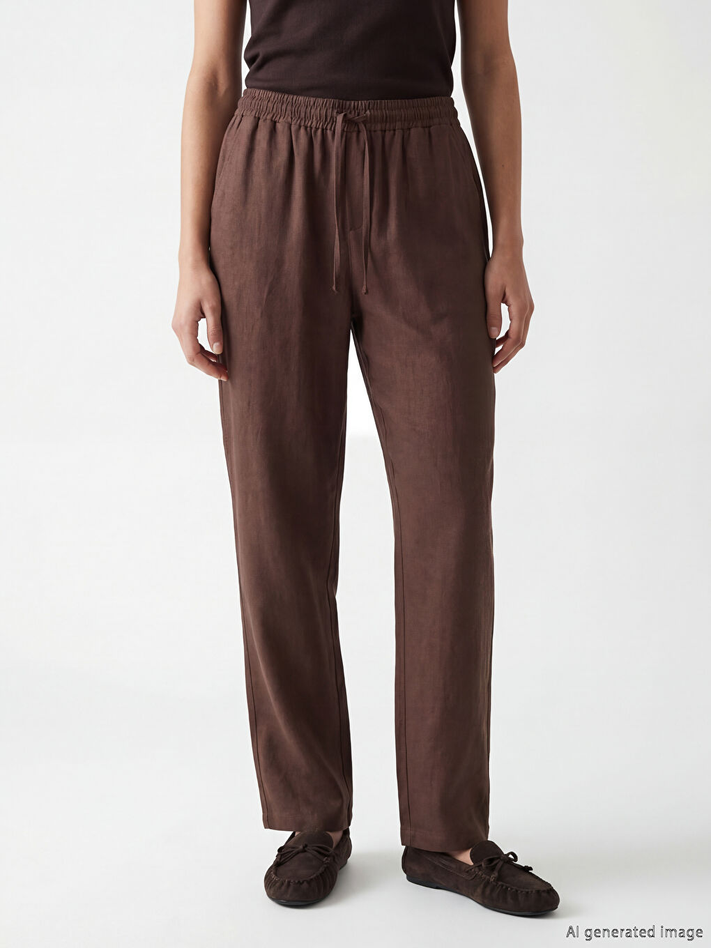 Kahverengi Beli Lastikli Kadın Pantolon-2