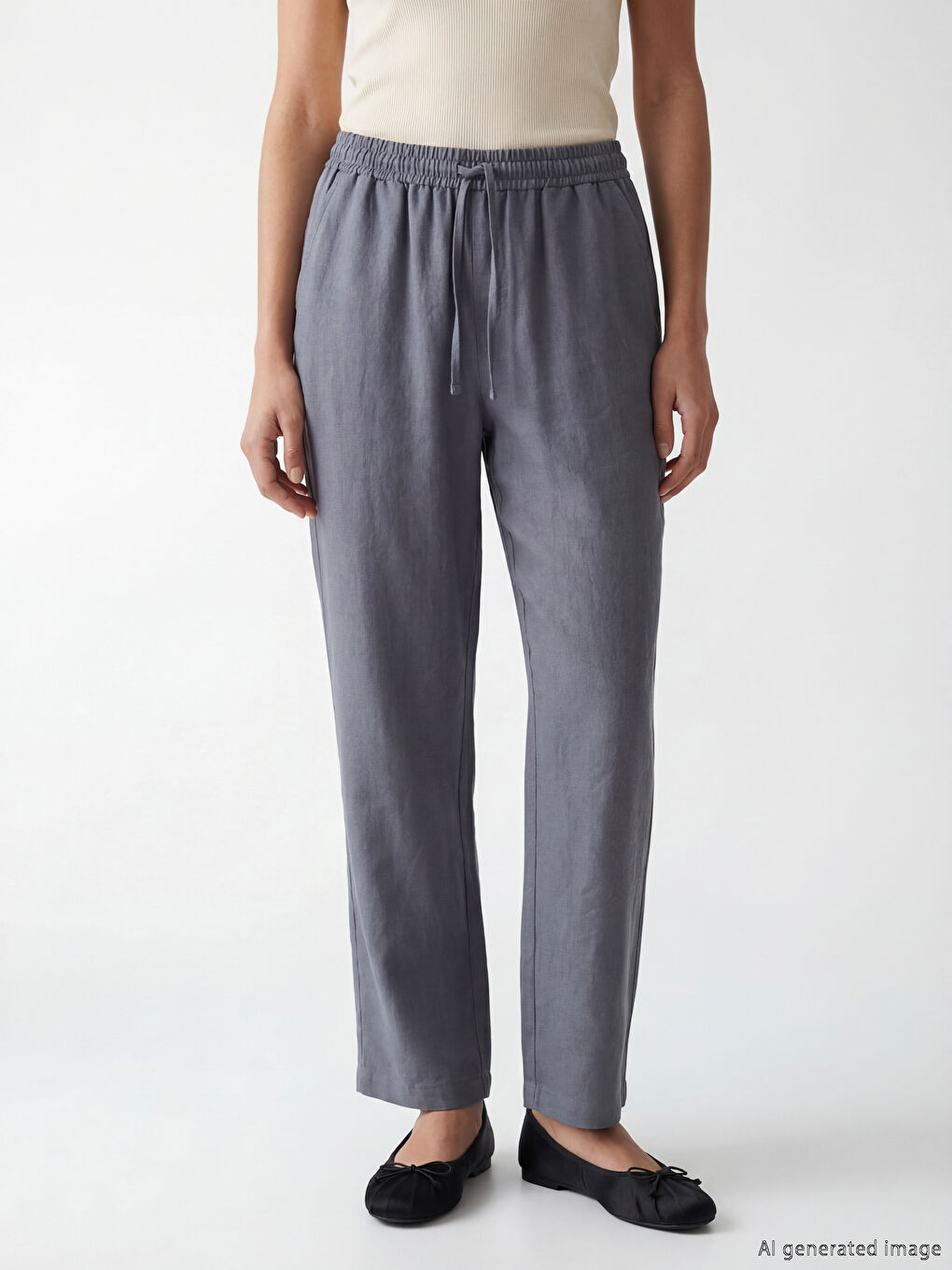 Gri Beli Lastikli Kadın Pantolon-1