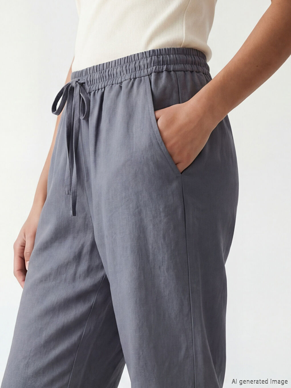 Gri Beli Lastikli Kadın Pantolon-2