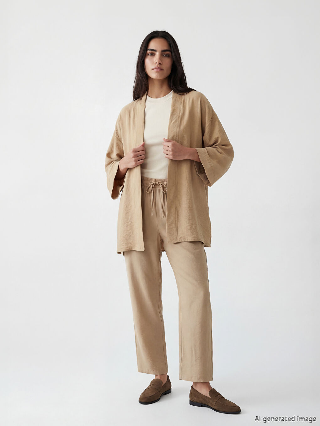 Bej Beli Lastikli Kadın Pantolon