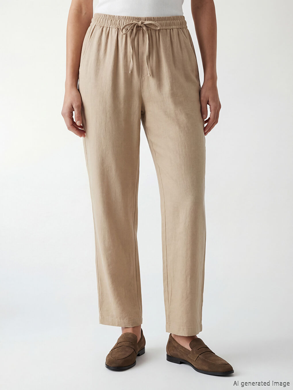 Bej Beli Lastikli Kadın Pantolon-1