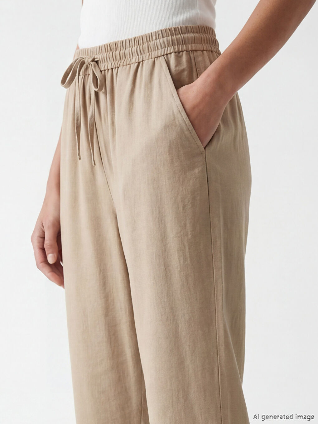 Bej Beli Lastikli Kadın Pantolon-2