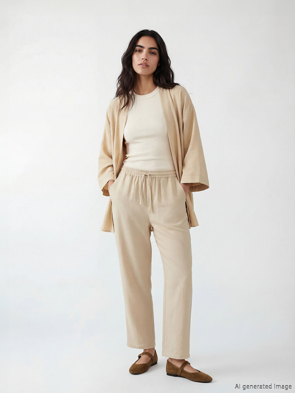 Bej Beli Lastikli Kadın Pantolon