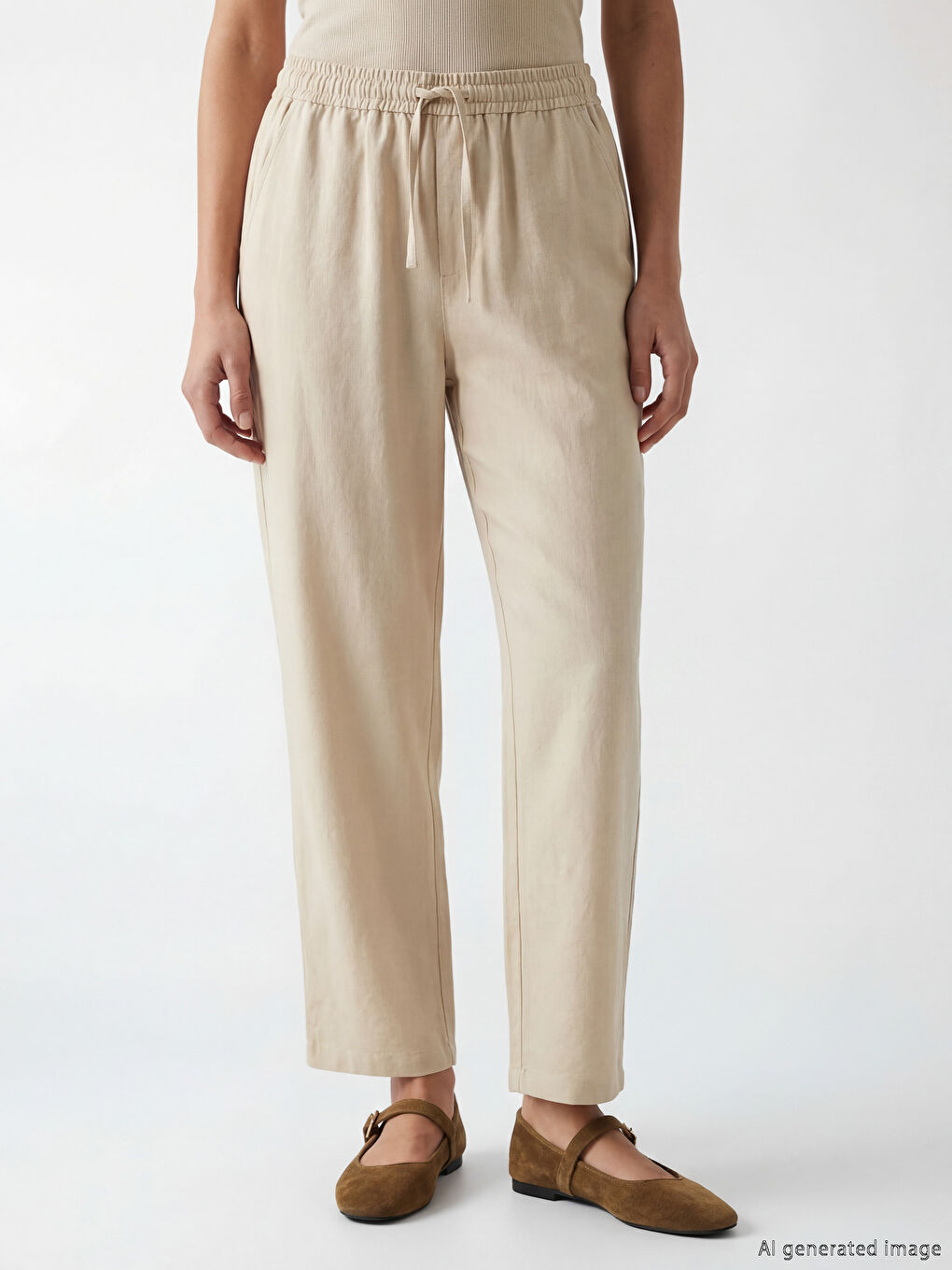 Bej Beli Lastikli Kadın Pantolon-1