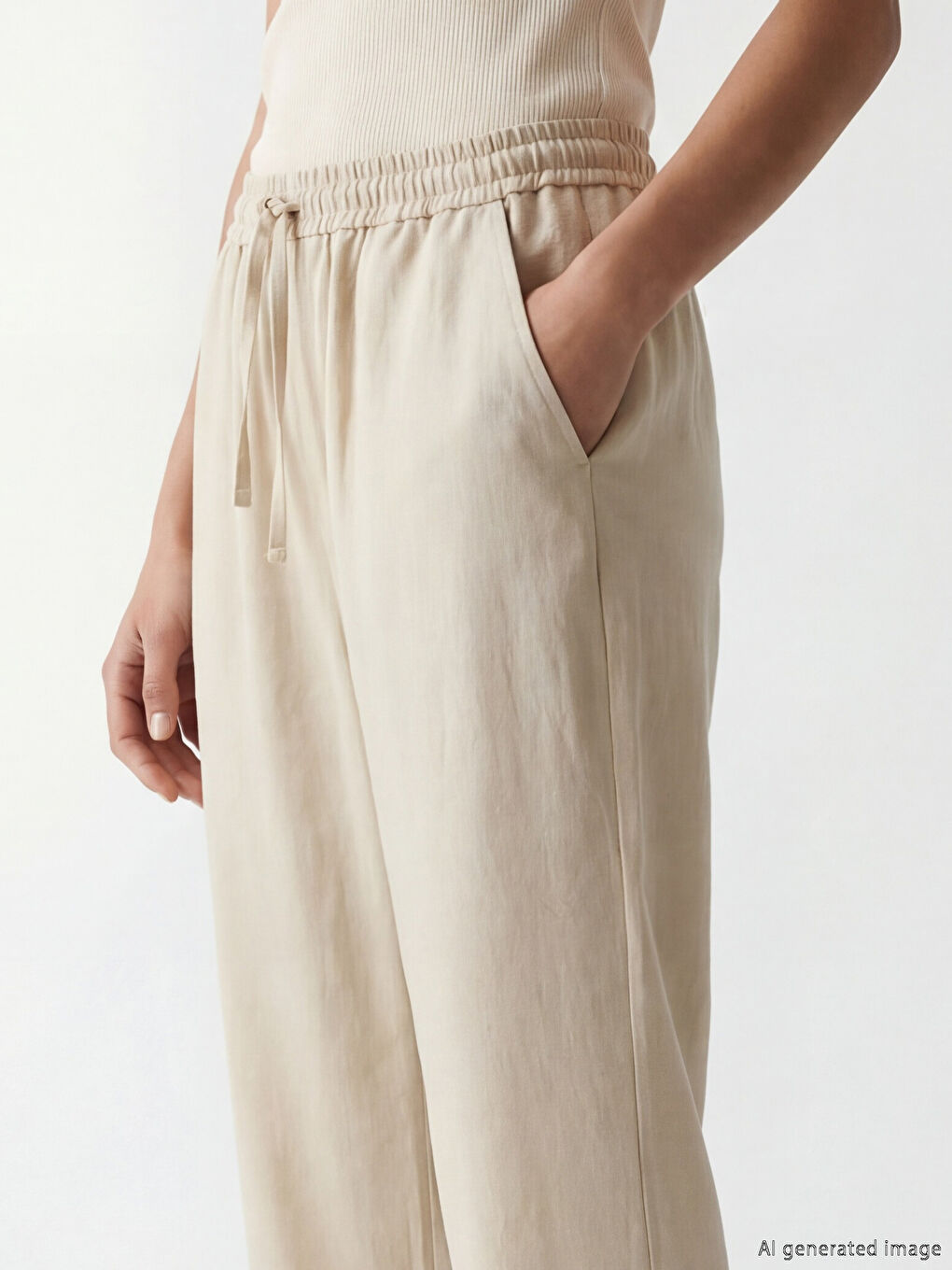 Bej Beli Lastikli Kadın Pantolon-2