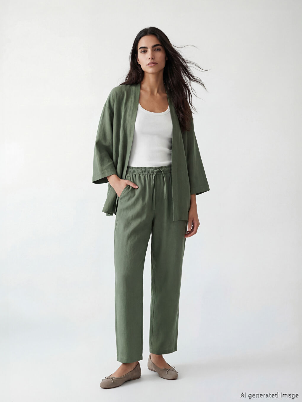 Yeşil Beli Lastikli Kadın Pantolon