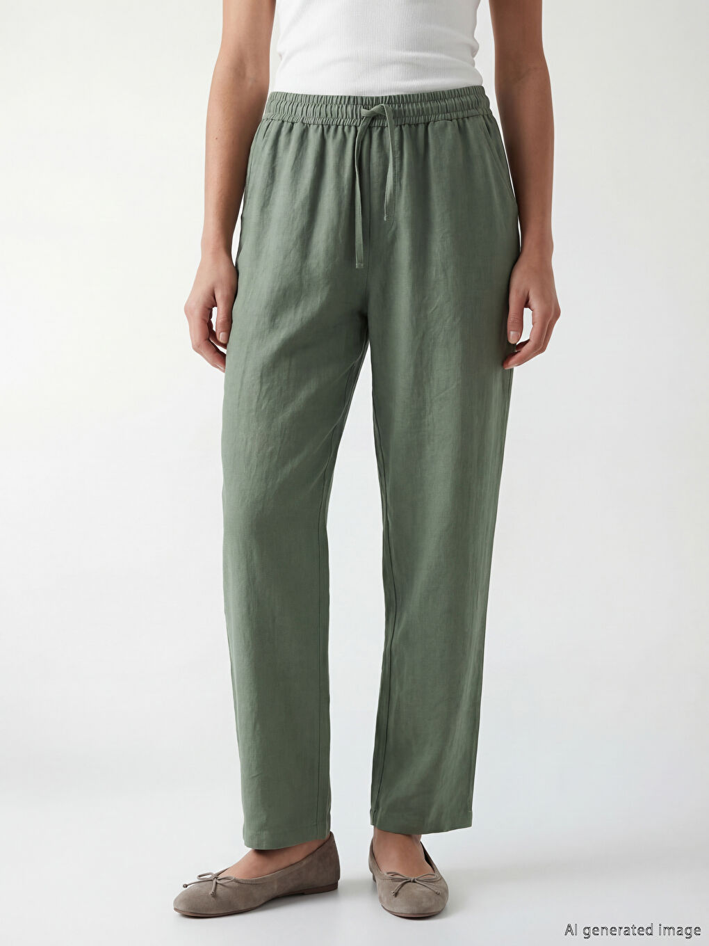 Yeşil Beli Lastikli Kadın Pantolon-1