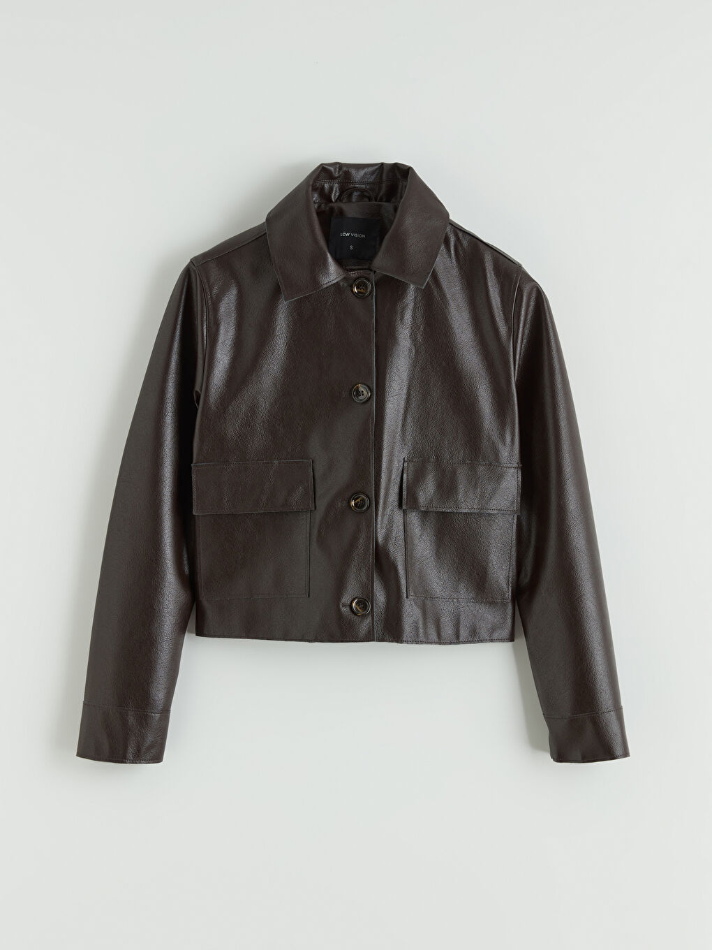 Kahverengi Gömlek Yaka Kadın Deri Görünümlü Ceket-5