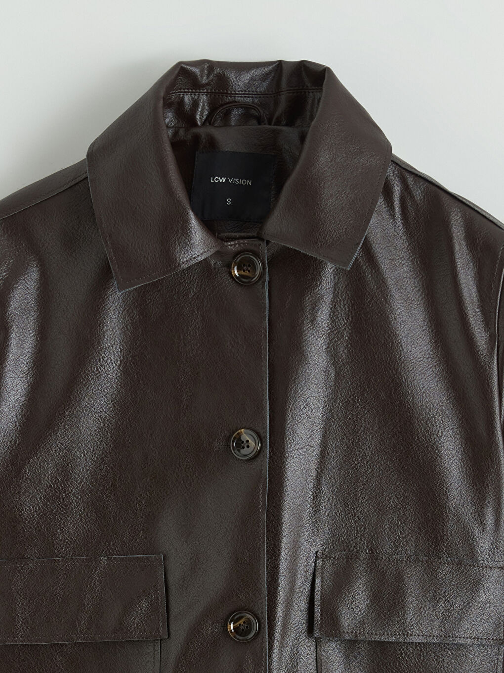 Kahverengi Gömlek Yaka Kadın Deri Görünümlü Ceket-6