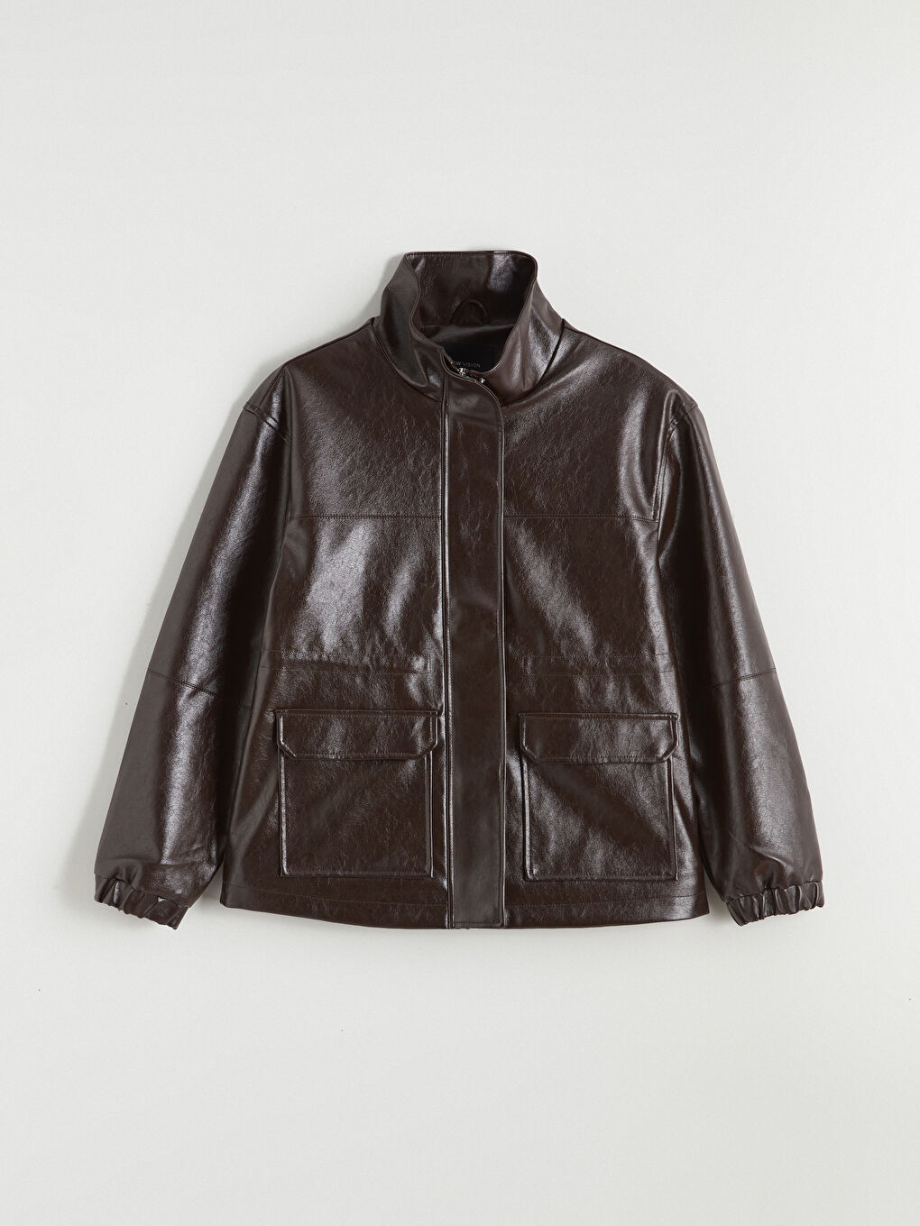 Kahverengi Dik Yaka Kadın Deri Görünümlü Mont-5