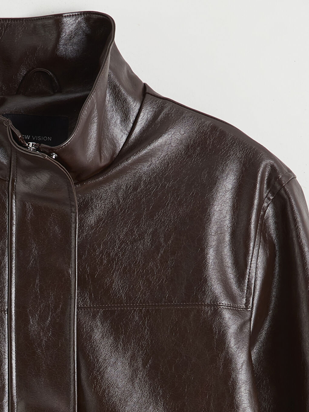 Kahverengi Dik Yaka Kadın Deri Görünümlü Mont-7