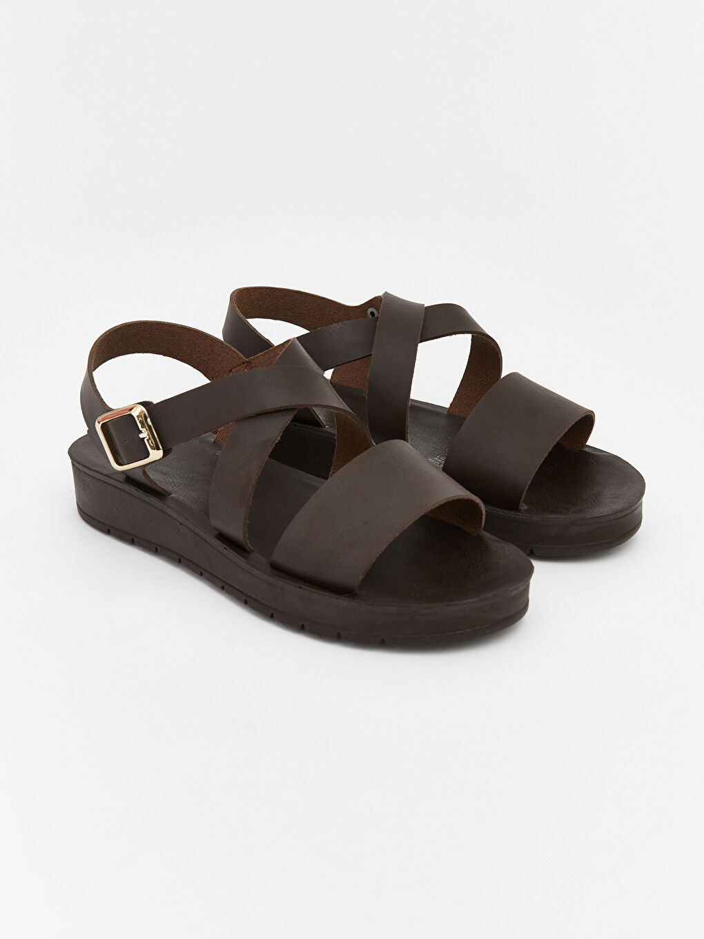 Kahverengi Deri Görünümlü Kadın Sandalet