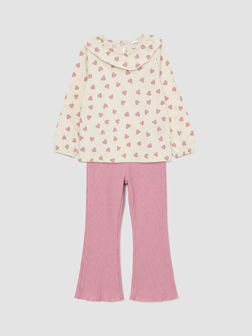 Ekru Kalp Desenli Kız Çocuk Bluz ve Tayt