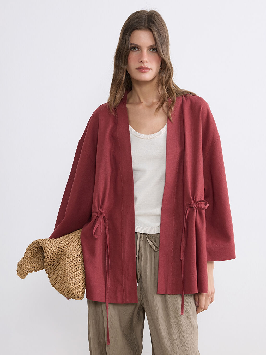 Shawl Collar Linen Blend Women's Kimono