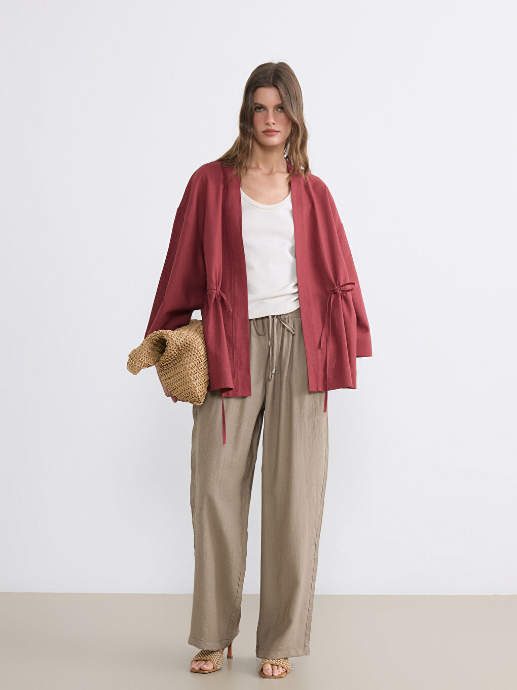 Shawl Collar Linen Blend Women's Kimono-1