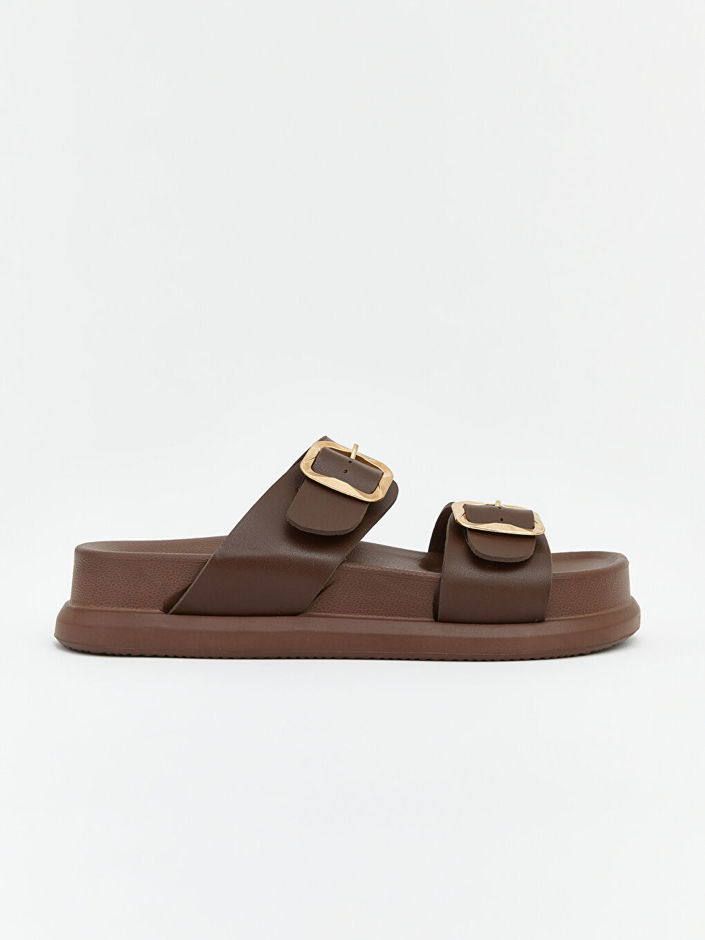 Kahverengi  Deri Görünümlü Çift Bantlı Kadın Terlik-1