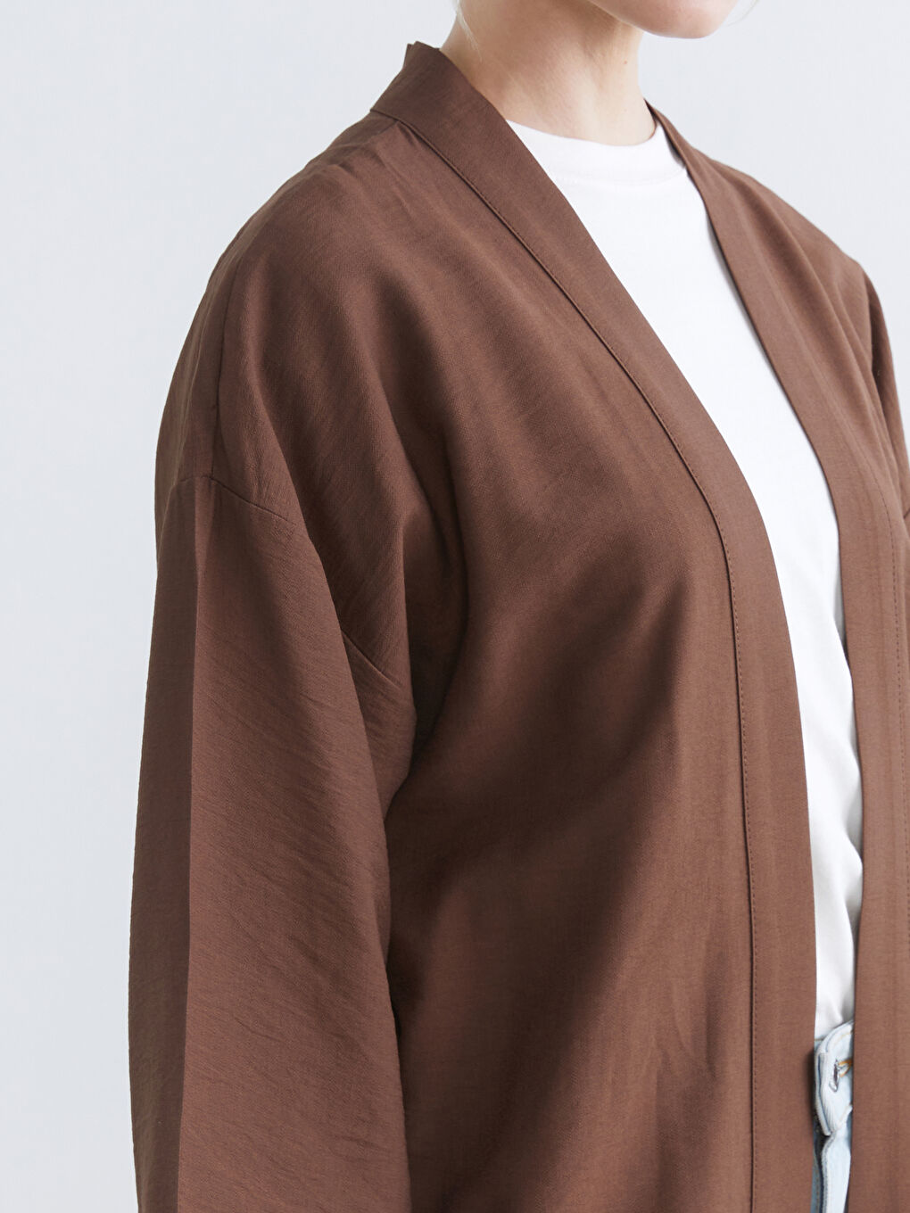 Kahverengi Şal Yaka Oversize Kadın Kimono-2