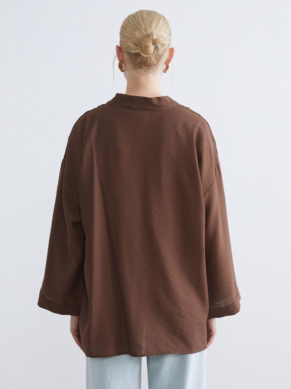 Kahverengi Şal Yaka Oversize Kadın Kimono-3