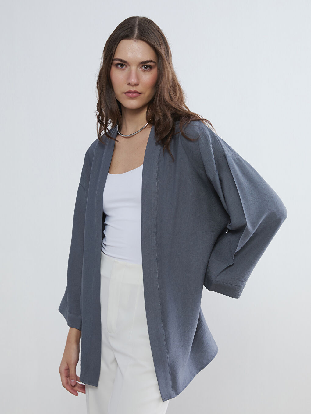 Gri Şal Yaka Oversize Kadın Kimono