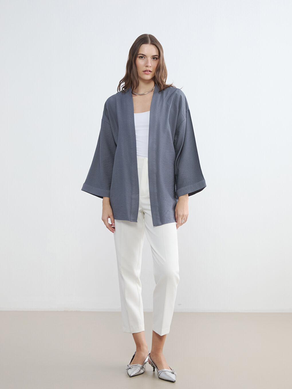 Gri Şal Yaka Oversize Kadın Kimono-1
