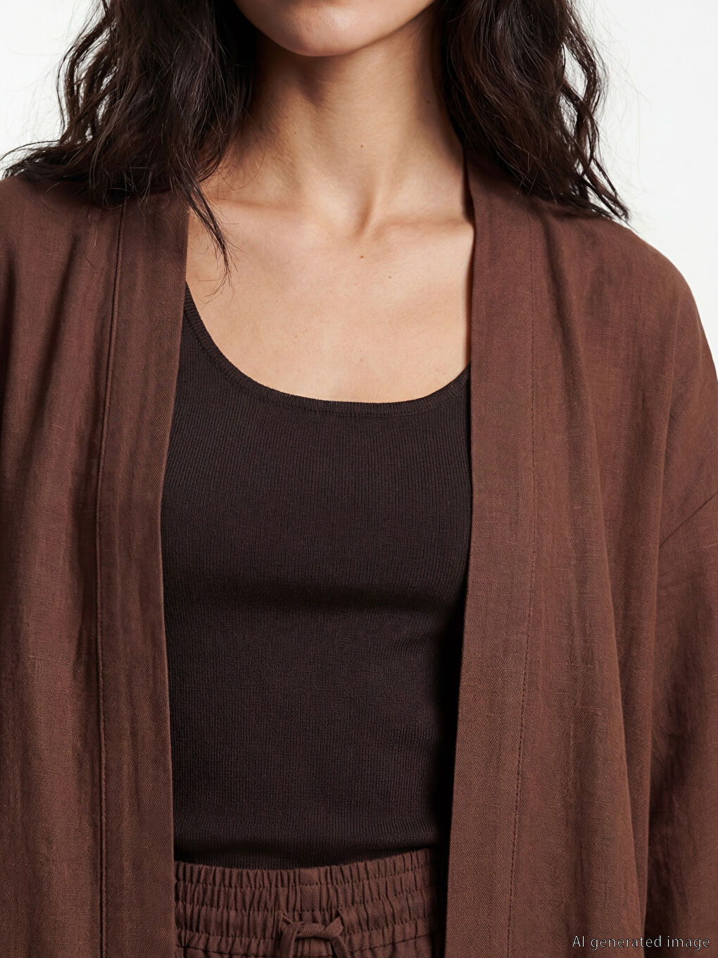 Kahverengi Şal Yaka Oversize Kadın Kimono-2