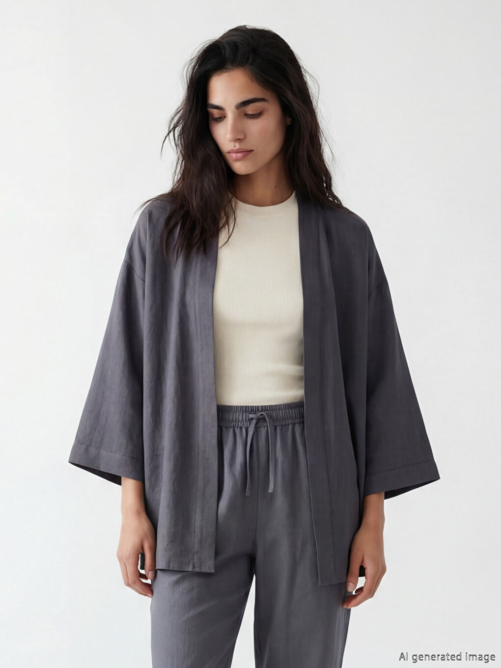 Gri Şal Yaka Oversize Kadın Kimono