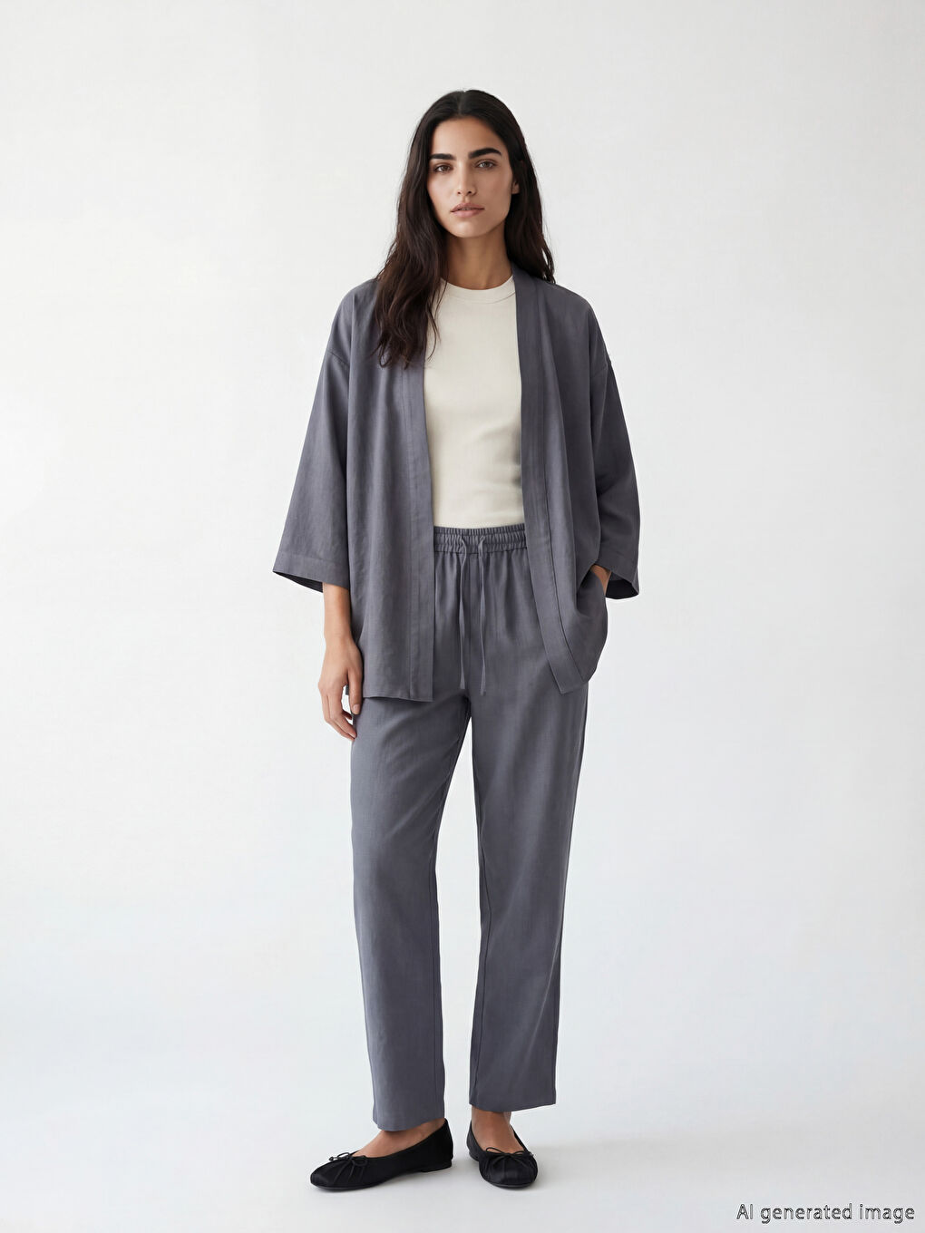 Gri Şal Yaka Oversize Kadın Kimono-1