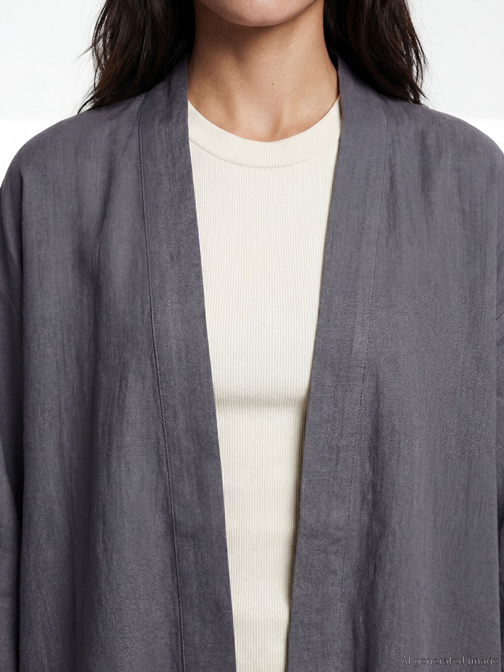 Gri Şal Yaka Oversize Kadın Kimono-2