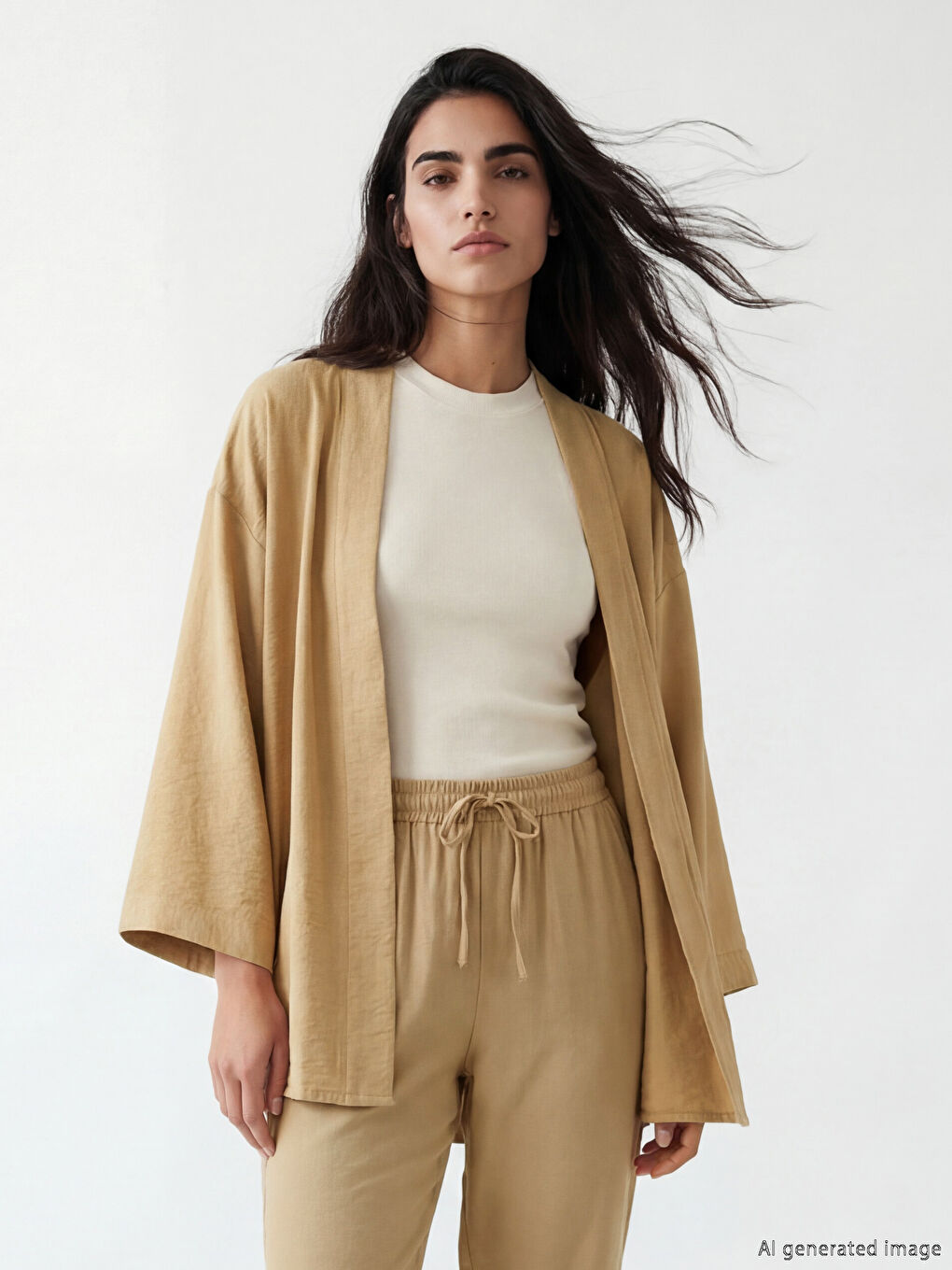 Bej Şal Yaka Oversize Kadın Kimono