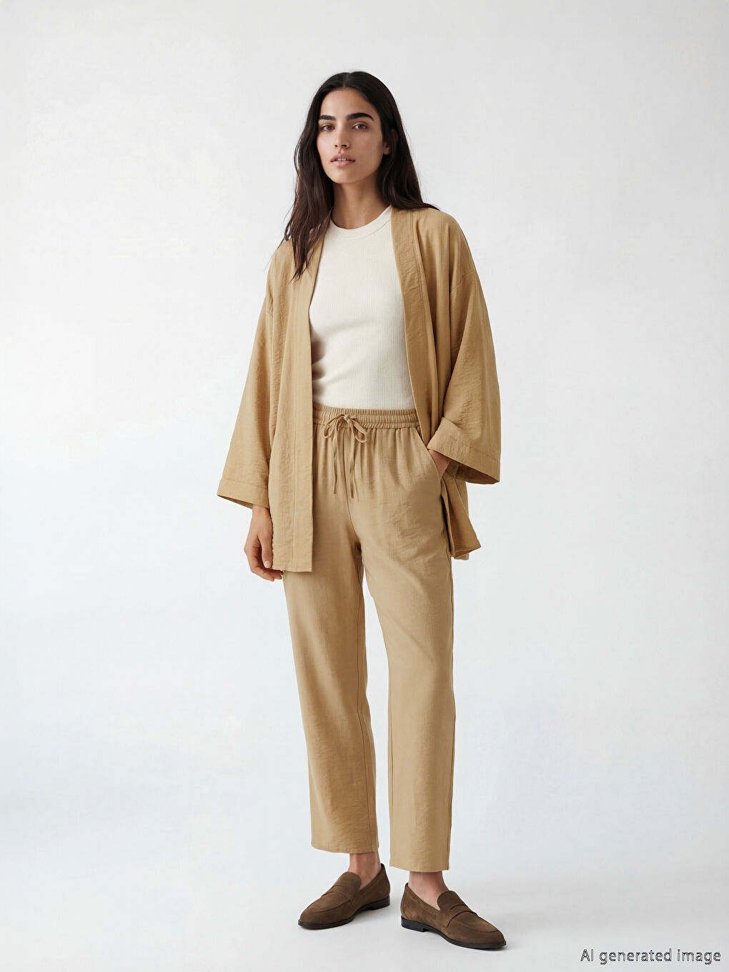 Bej Şal Yaka Oversize Kadın Kimono-1