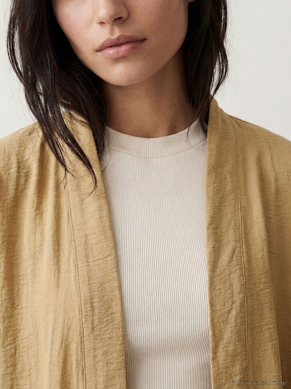 Bej Şal Yaka Oversize Kadın Kimono-2