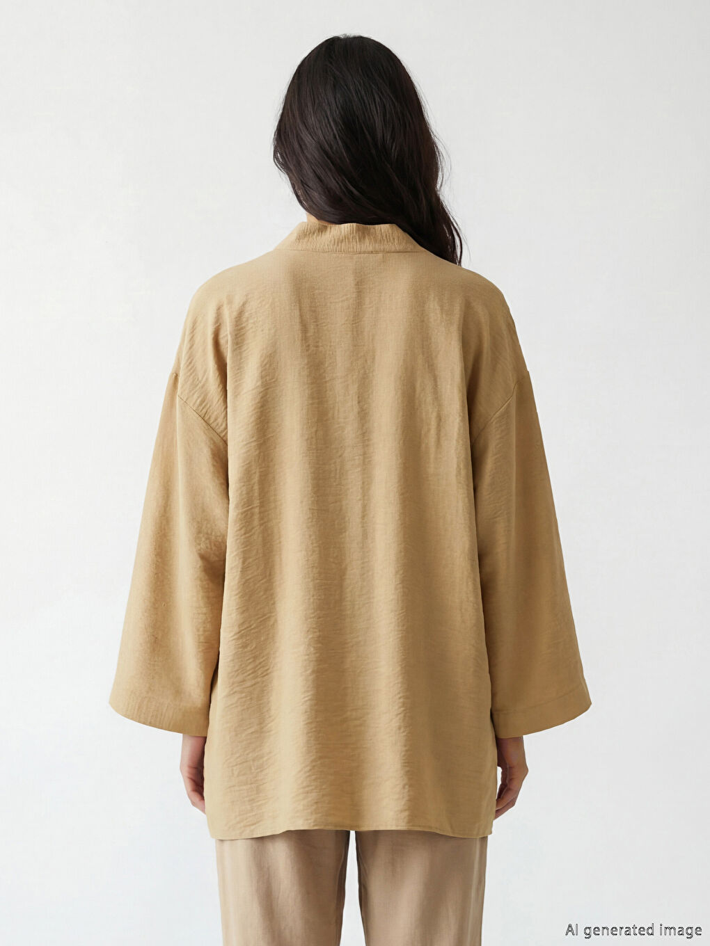 Bej Şal Yaka Oversize Kadın Kimono-3