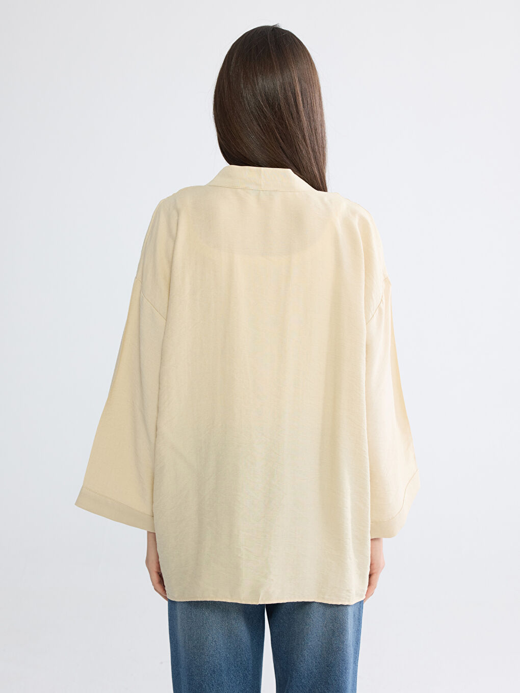 Bej Şal Yaka Oversize Kadın Kimono-3