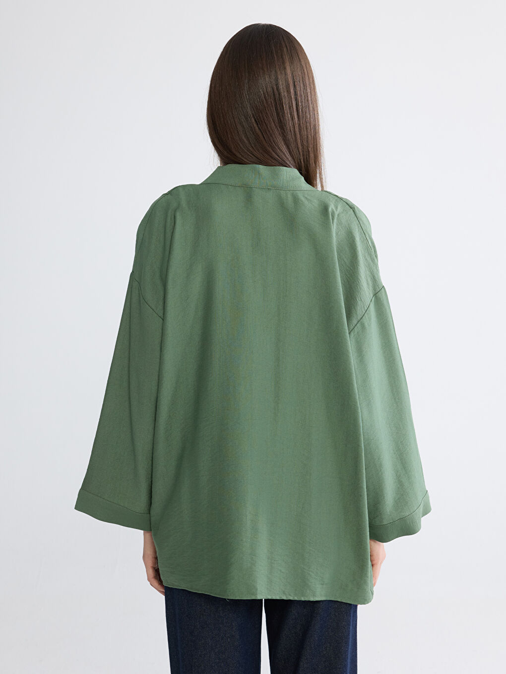 Yeşil Şal Yaka Oversize Kadın Kimono-3