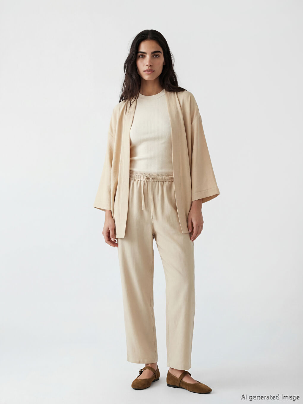 Bej Şal Yaka Oversize Kadın Kimono-1