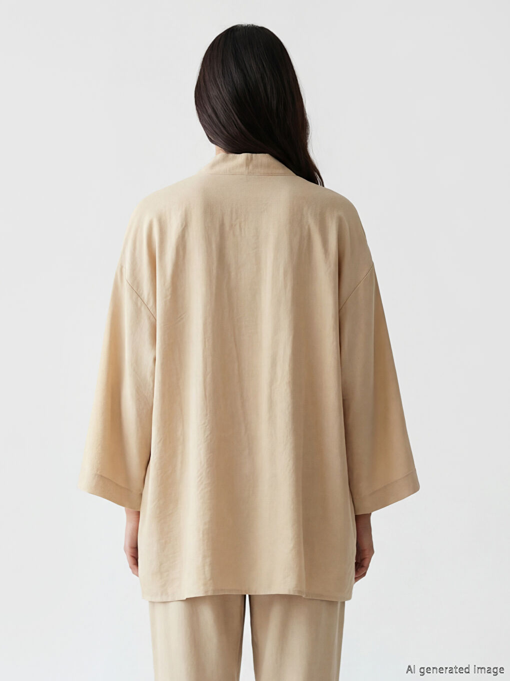 Bej Şal Yaka Oversize Kadın Kimono-3