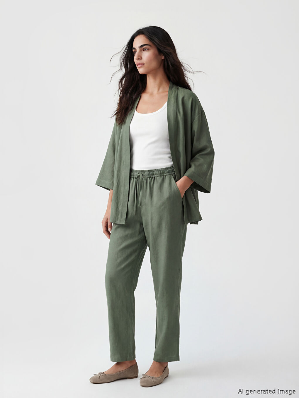 Yeşil Şal Yaka Oversize Kadın Kimono-1