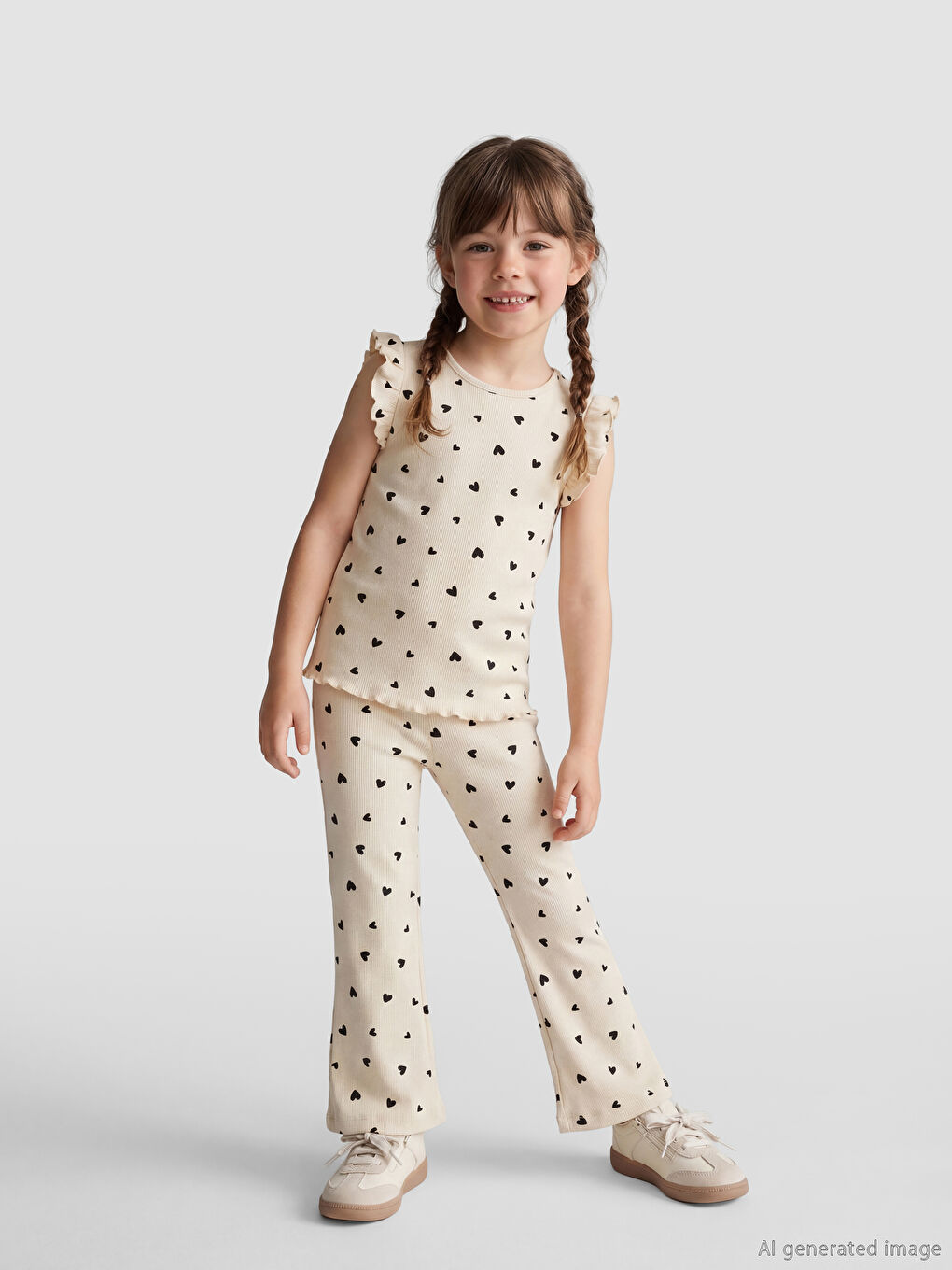 Bej Kalp Baskılı Kız Çocuk Bluz ve Tayt