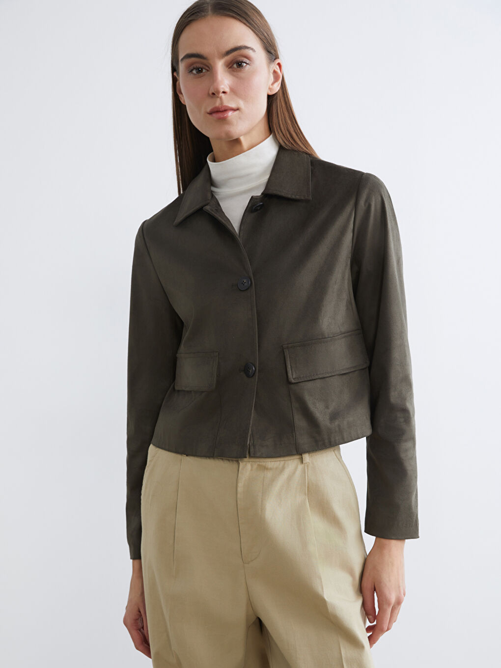 Haki Gömlek Yaka Süet Görünümlü Kadın Ceket