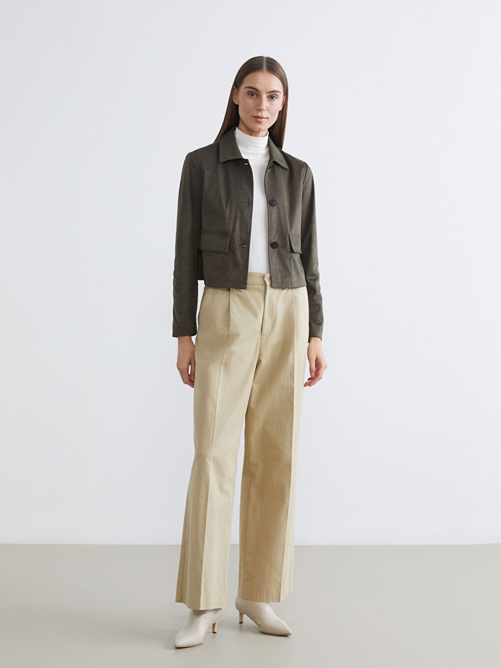 Haki Gömlek Yaka Süet Görünümlü Kadın Ceket-1