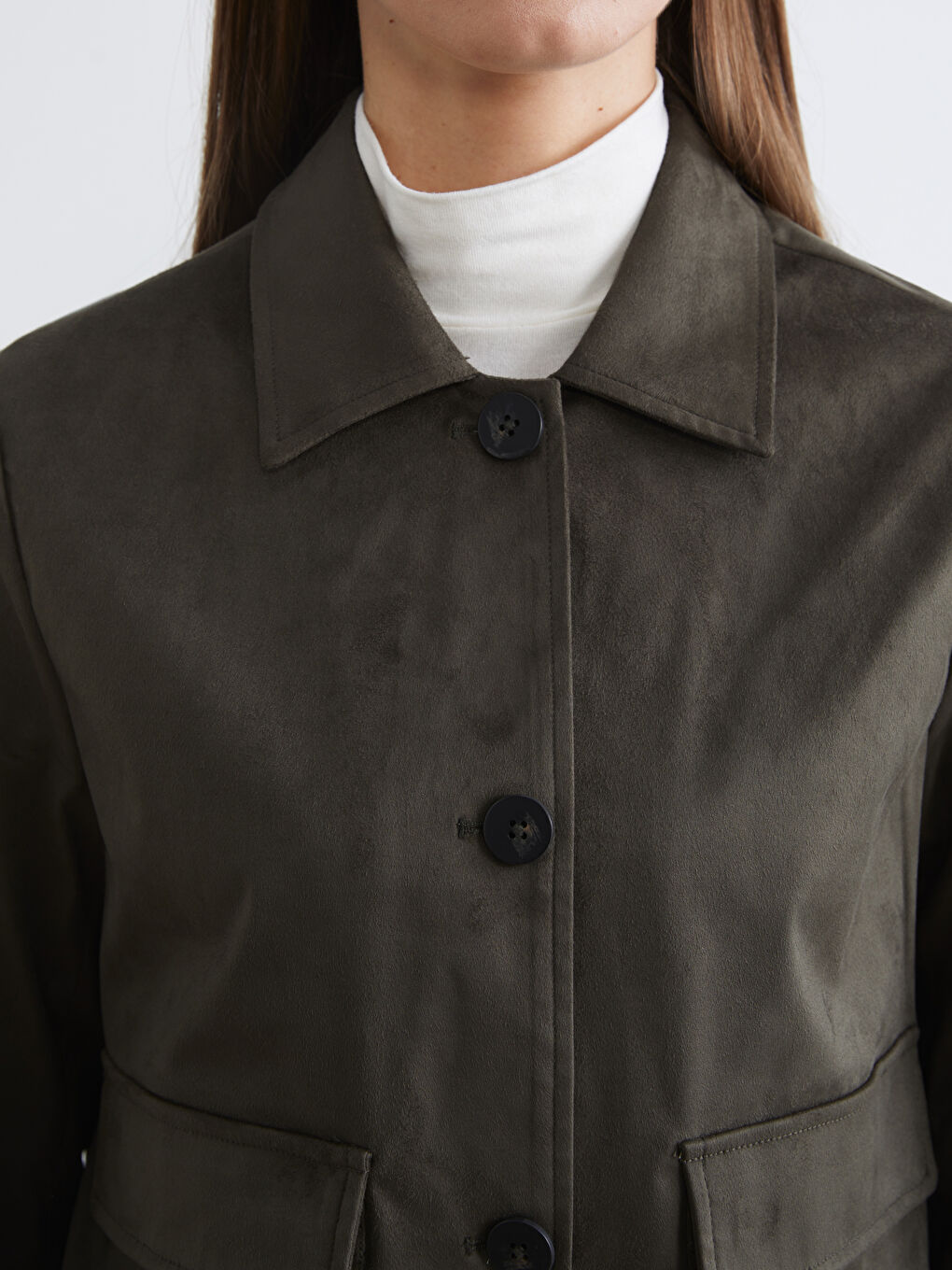 Haki Gömlek Yaka Süet Görünümlü Kadın Ceket-2